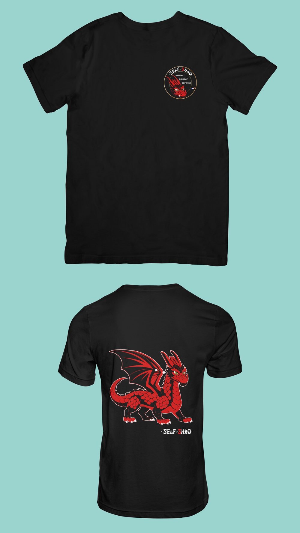 T-shirt d'entraînement bio Self-Shao noir, dragon rouge au dos