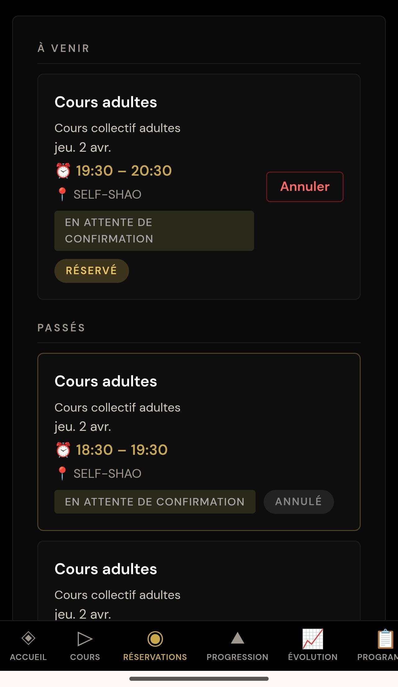 Espace élève Self-Shao — réservations et historique