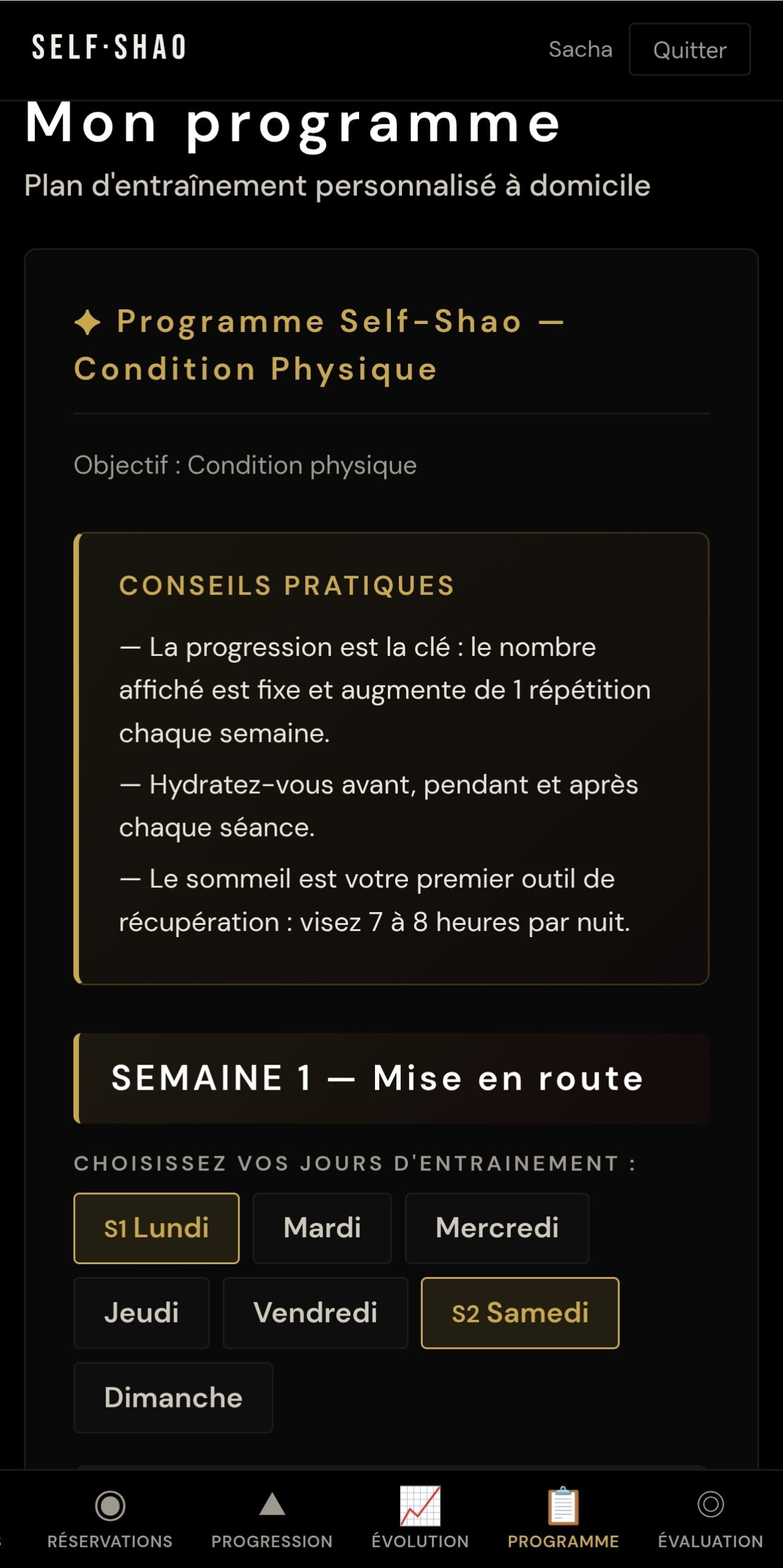 Espace élève Self-Shao — programme d'entraînement personnalisé