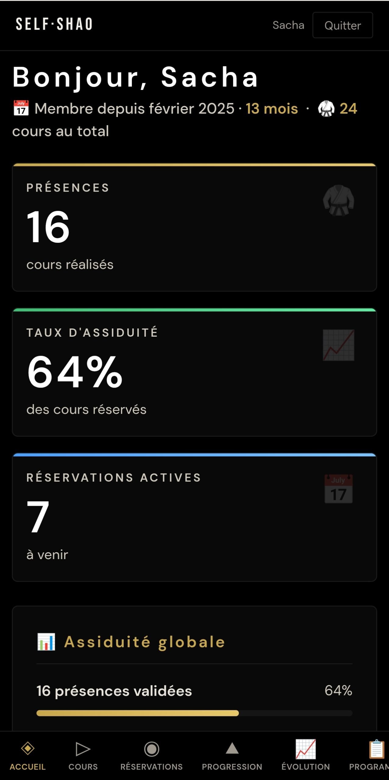 Espace élève Self-Shao — accueil et tableau de bord